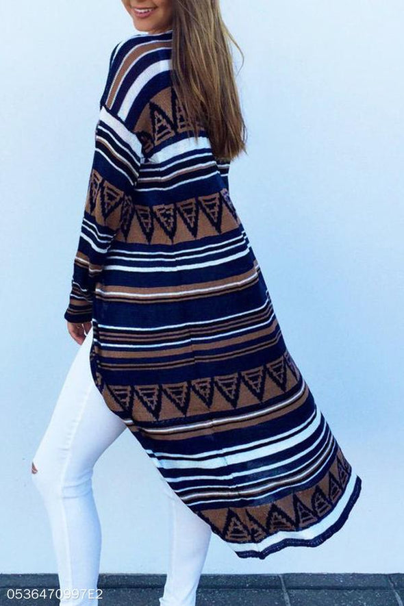 Snap Front  Abstract Print  Long Sleeve Cardigans