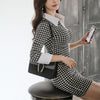 Shirt Collar Splicing Slim Houndstooth Bodycon Dress