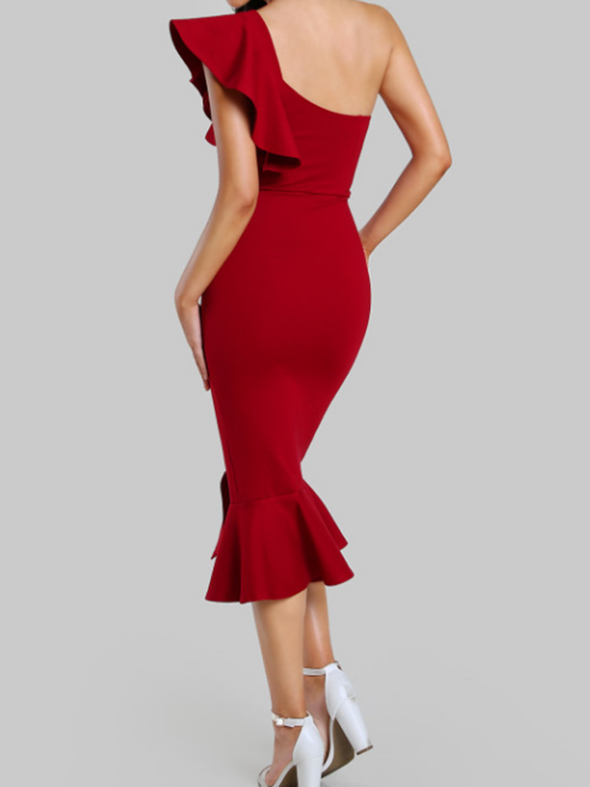 One Shoulder  Plain  Blend Bodycon Dress