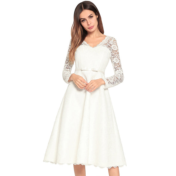 Lace Patchwork Hollow Out Solid V-Neck Sexy Midi Dress