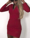 Fashion Solid Long Sleeve Zipper Bodycon Dress