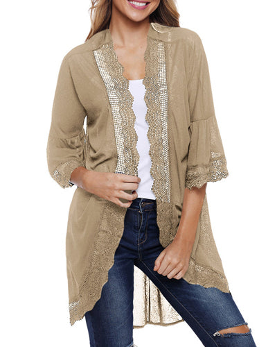 Lace Stitching Cropped Sleeve Cardigan