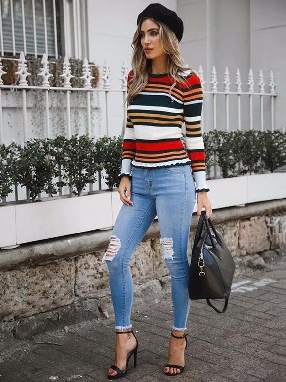 Bodycon Round-neck Stripes Sweater Tops