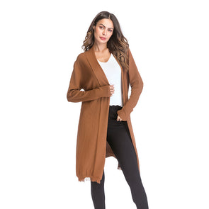 Fashion solid color thin long-sleeved knit tassel cardigan shawl coat