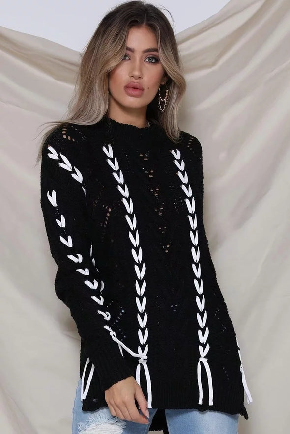 Bandage Openwork Split Round Neck Sweaters