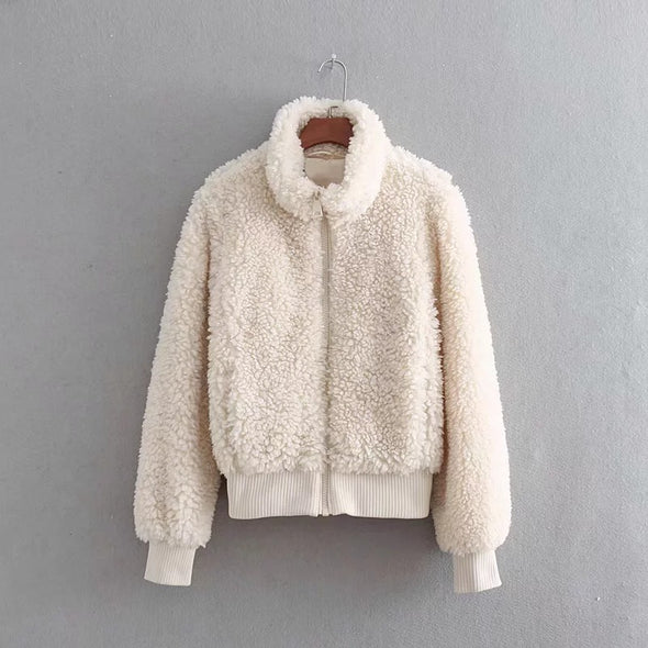 Thick Artificial Fur Pure Color Long Sleeve Warm Jacket