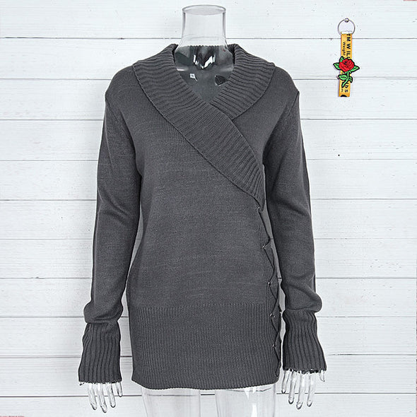 Casual Solid V-Neck Long-Sleeved Knitted Sweater