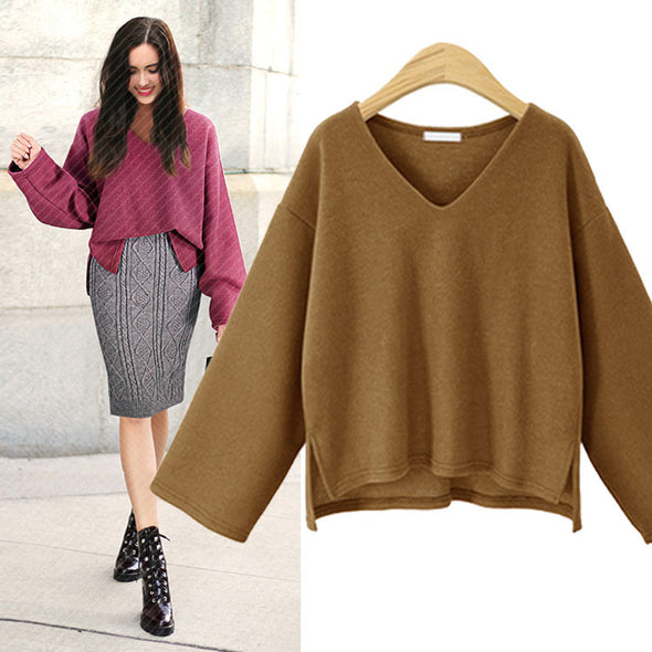 Split V- neck Long Sleeve Sweaters