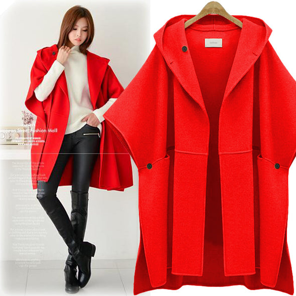 Hooded Batwing sleeve long woolen coat