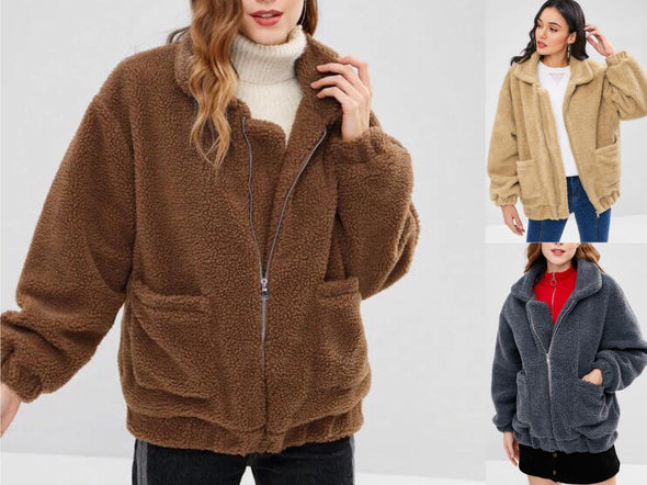 Casual Solid Long Sleeve Zipper Plush Jacket