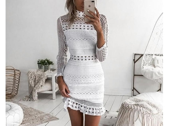 White Elegant Long Sleeve Hollow Bodycon Dress