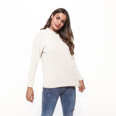 Casual Pocket Half High Neck Collar Round Neck Sweaters