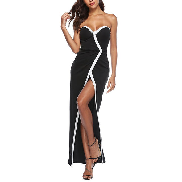 Sexy Split Stitching V Collar Sleeveless Long Evening Dress