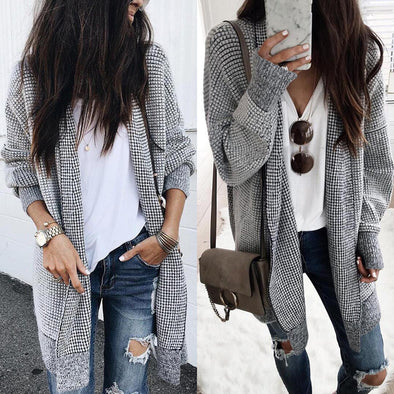 New Plaid Woolen Cardigan Knitted Coat