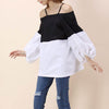 Sexy Off Shoulder Black And White Color Matching Lantern Sleeve Shirt