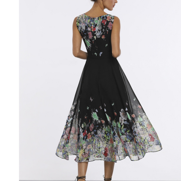 Print Round Neck Sleeveless Evening Dress