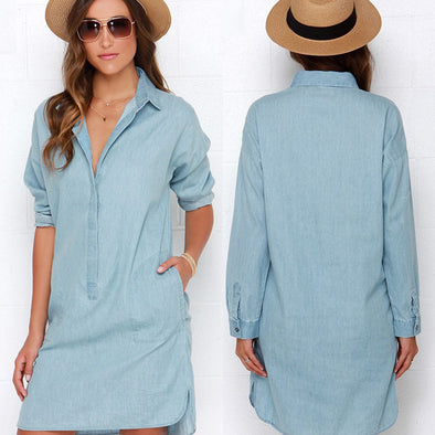 Long Sleeved Side Slit Lapels Denim Dress