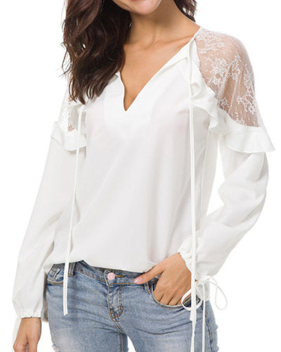 Lace-Paneled V-Neck Long-Sleeved Chiffon Shirt