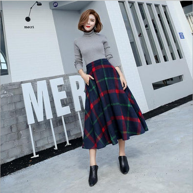 The New Plaid Woolen Long Skirt Female