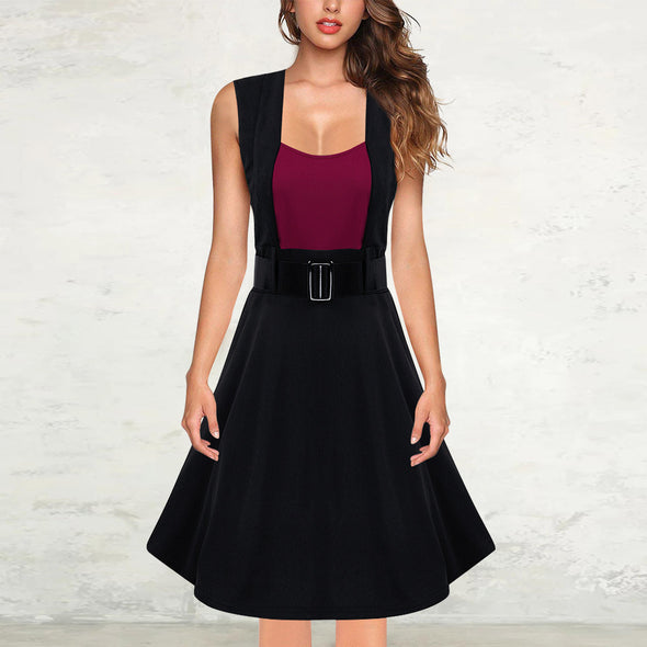 Fashion Square Collar Contrast Sleeveless Belt Dress