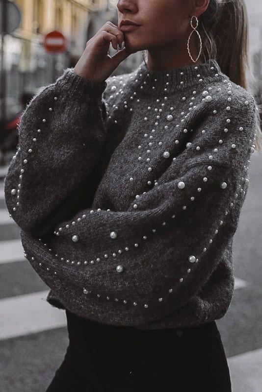 Round Neck Loose Nail Pearl Knitting Sweater