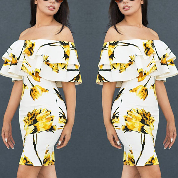 Double Lotus Leaf Floral Printed Slim Bodycon Dress