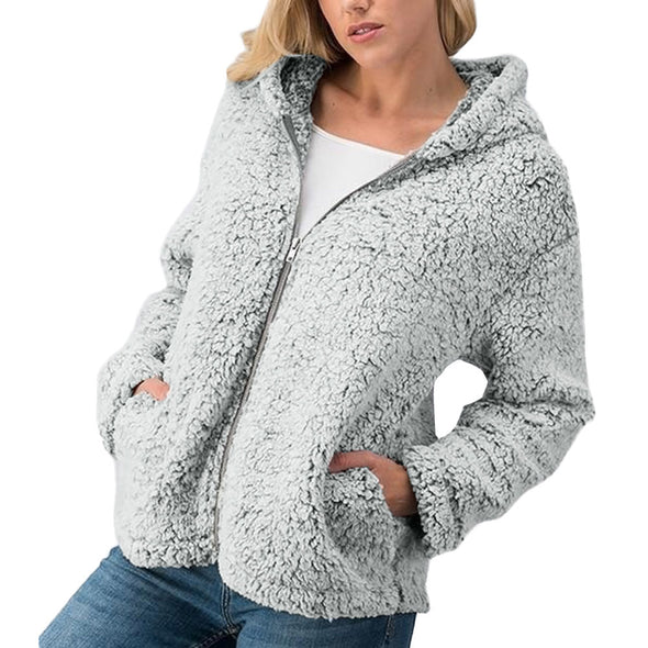 Split  Zipper Hooded Long Sleeve Plush Coat