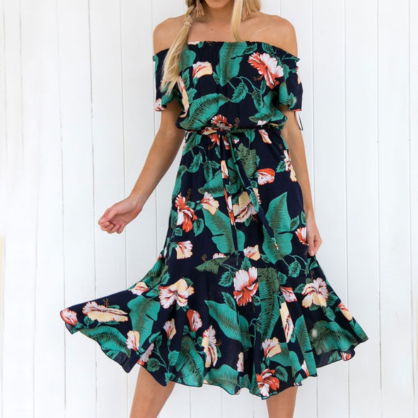 Fashion Printed Slash Neck Backless Bohemian Midi Dress