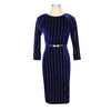 Round Collar Gold Velvet Stripes 3/4 Sleeve Bodycon Dress