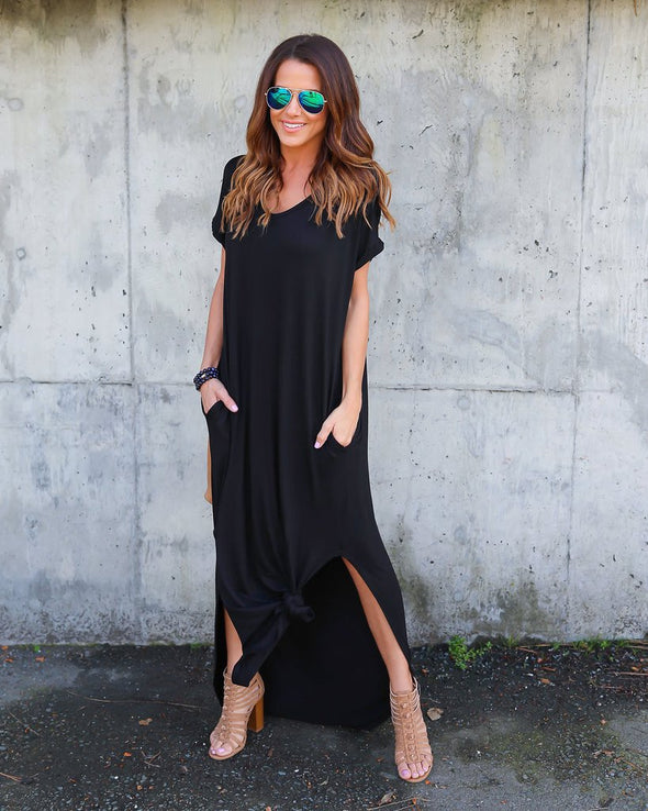 Short Sleeve Loose Pocket Maxi Dress