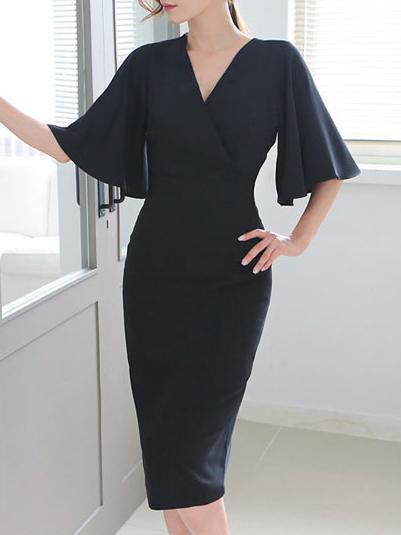 Fashion Solid V-Neck Surplice Plain Bodycon Dress