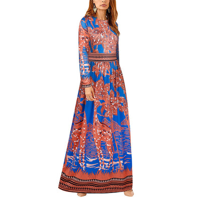 Fashion O-Neck Long-Sleeved Printed Dress