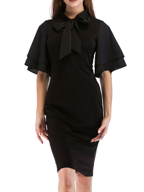 Tie Collar  Plain Bodycon Dress