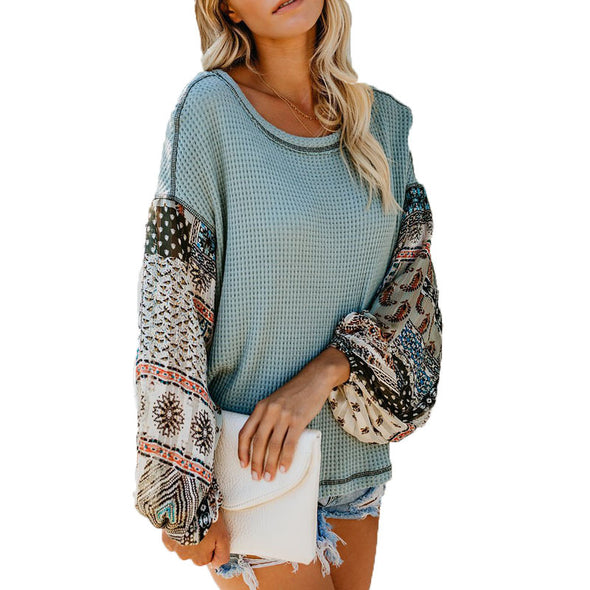 Printed Lantern Sleeve Paneled Knit Sweater