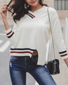 Irregular Split Color Contrast Striped V-Neck Sweater