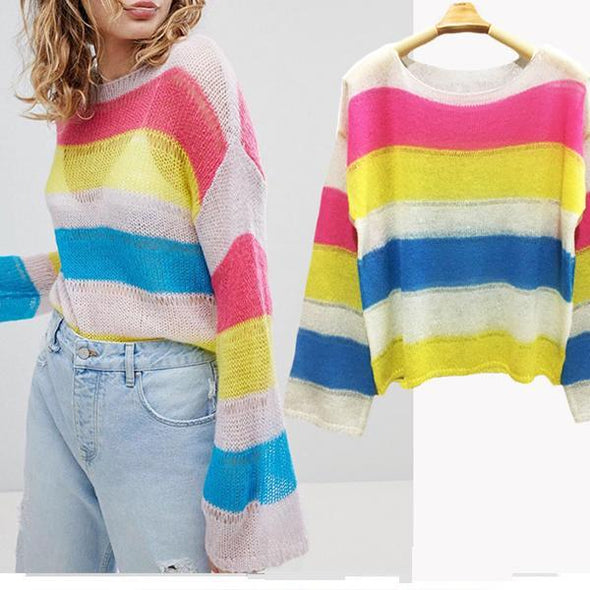 Candy Color Matching Perspective Hollow Ultra-Thin Trumpet Sleeve Sweater