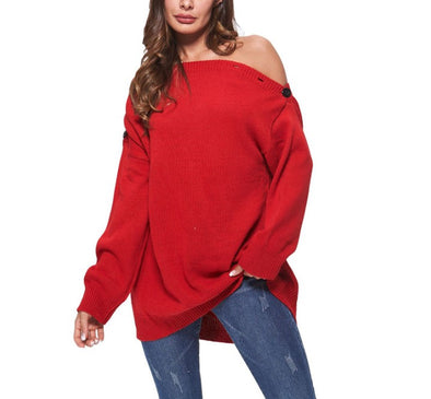 Loose Button Off Shoulder Sweaters