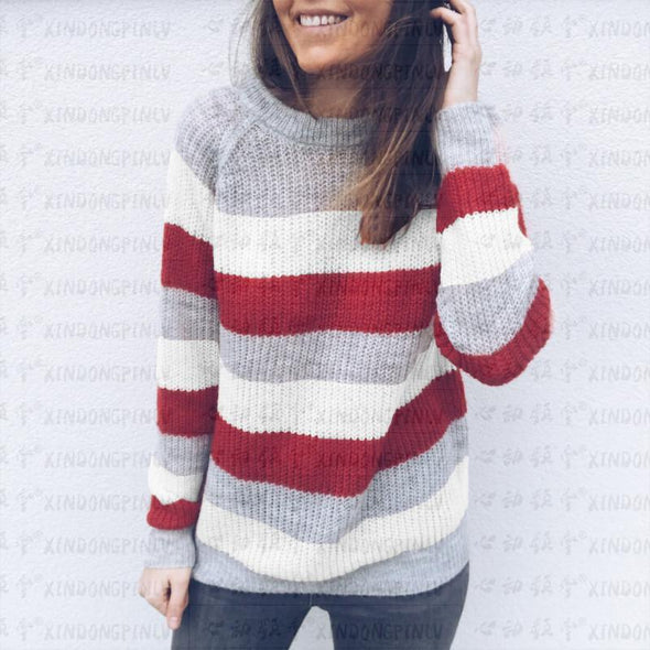 Round Neck Striped Colorblock Sweater