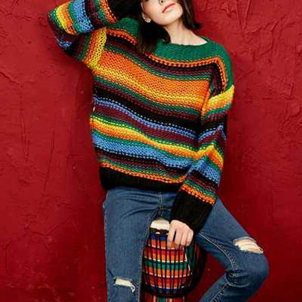 Round Collar Rainbow Stripes Knitting Sweater