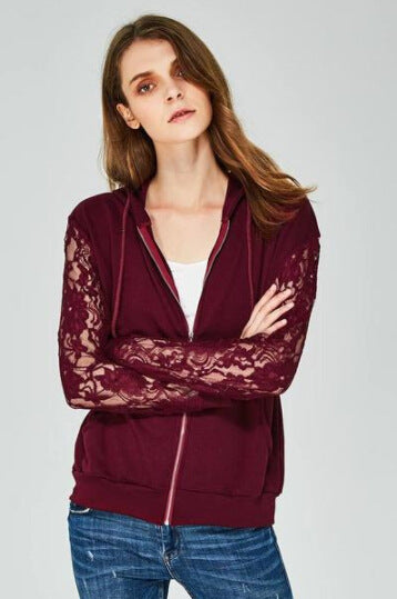 Long Sleeve Lace Stitching Zipper Jacket