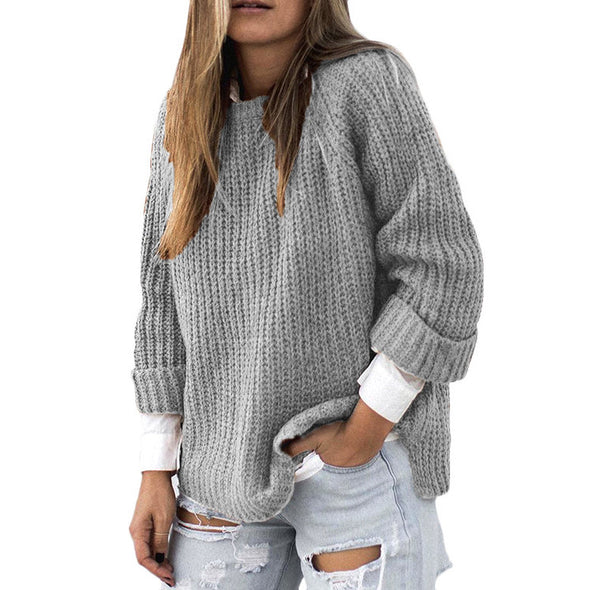 Round Neck Roll Sleeve Knitting Sweaters