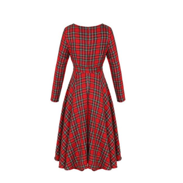 Long-Sleeved Red Plaid Slim Skater Dress