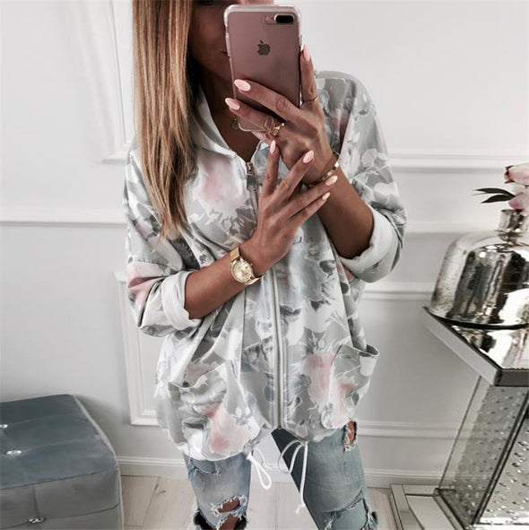 Printed Long Sleeve Zipper Hooded Sweater