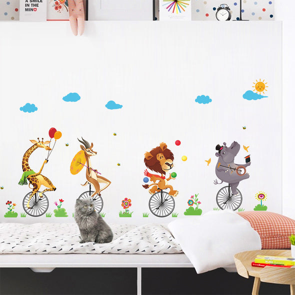 Cartoon Animal Stepping On Bicycle Wall Sticker