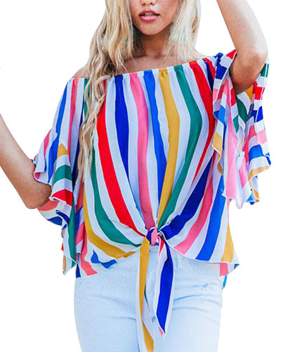 Women's striped trumpet sleeve shirt