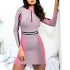 Splicing contrast zipper stand collar long sleeve Bodycon Dresses