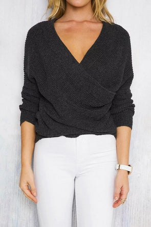 V-Neck Long-Sleeved Solid Color Sweater