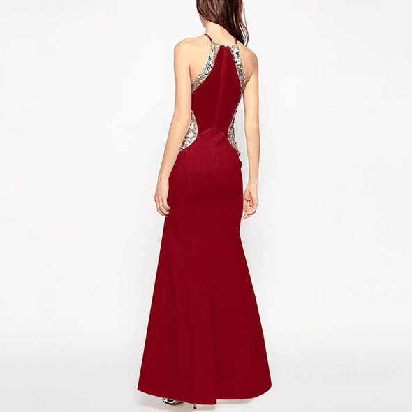 Halter Sequin Stitching Sleeveless Maxi Evening Dress