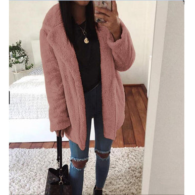 Fashion Pure Color Long Sleeve Plush Cardigan Coat