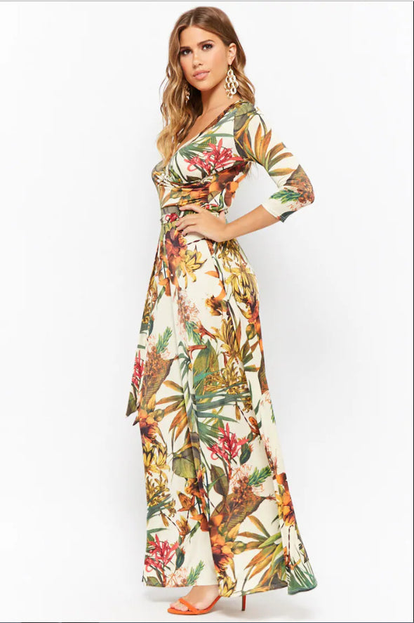 New Deep V-neck Cropped Sleeve Print Dress